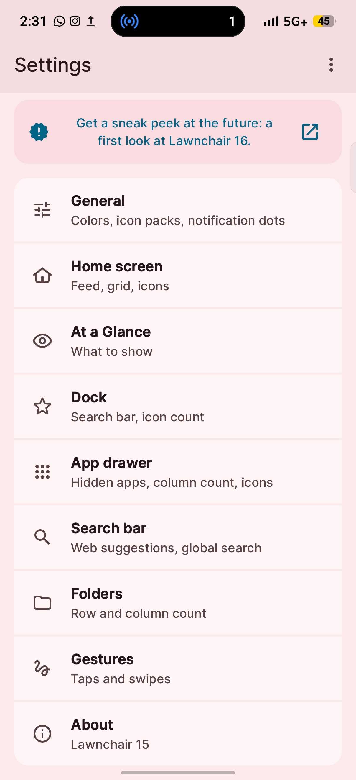 Lawnchair main menu showing General settings and different customization options