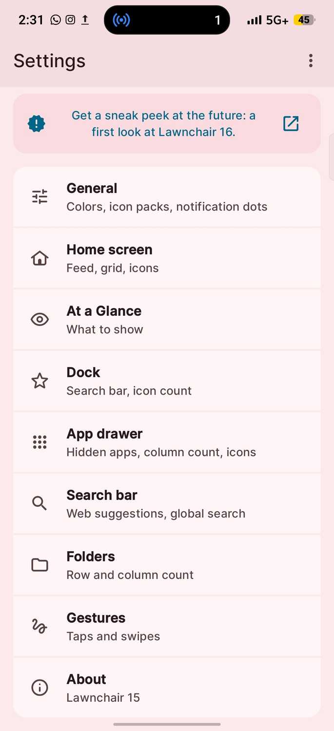 Lawnchair main menu showing General settings and different customization options