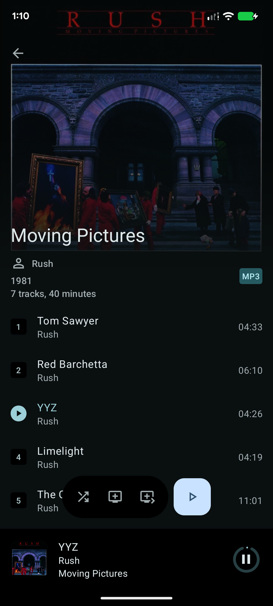 LineageOS 24 Music app showing 'Moving Pictures' album by Rush
