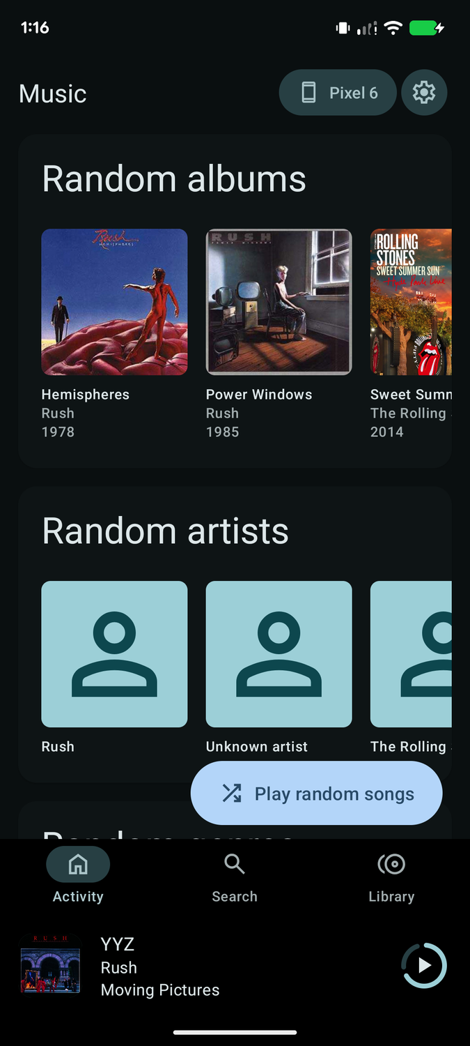 LineageOS 24 Music app showing home screen