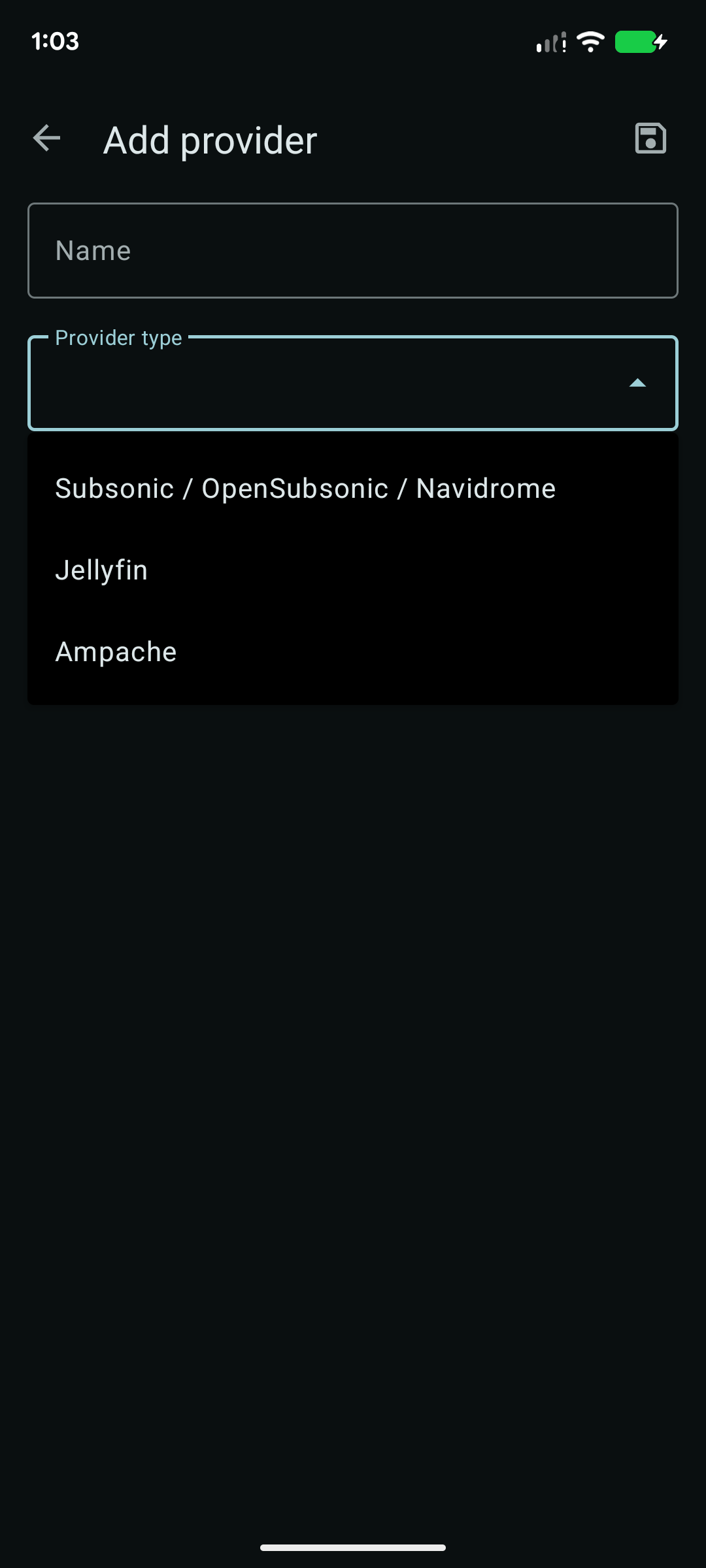 LineageOS 24 Music app showing other audio providers such as Jellyfin