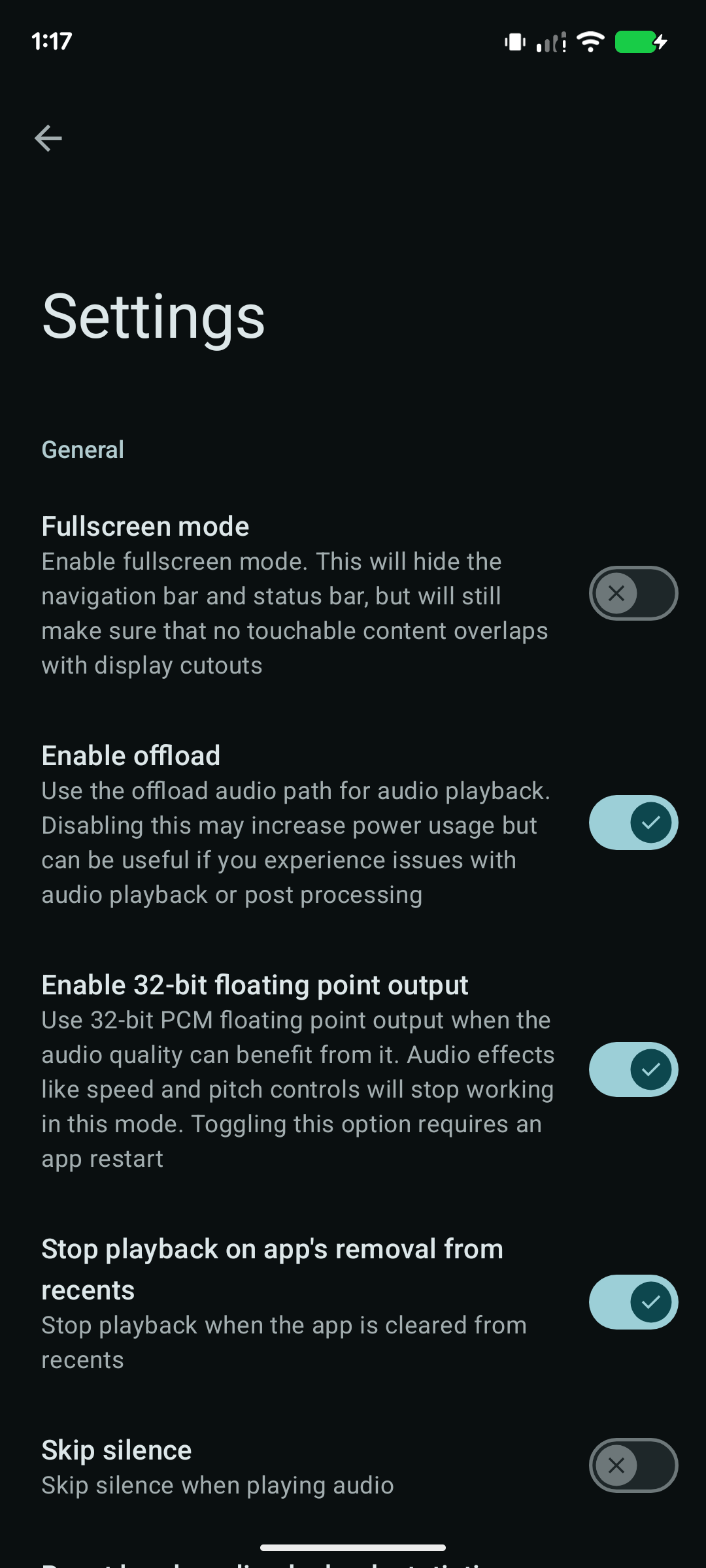LineageOS 24 Music app settings screen