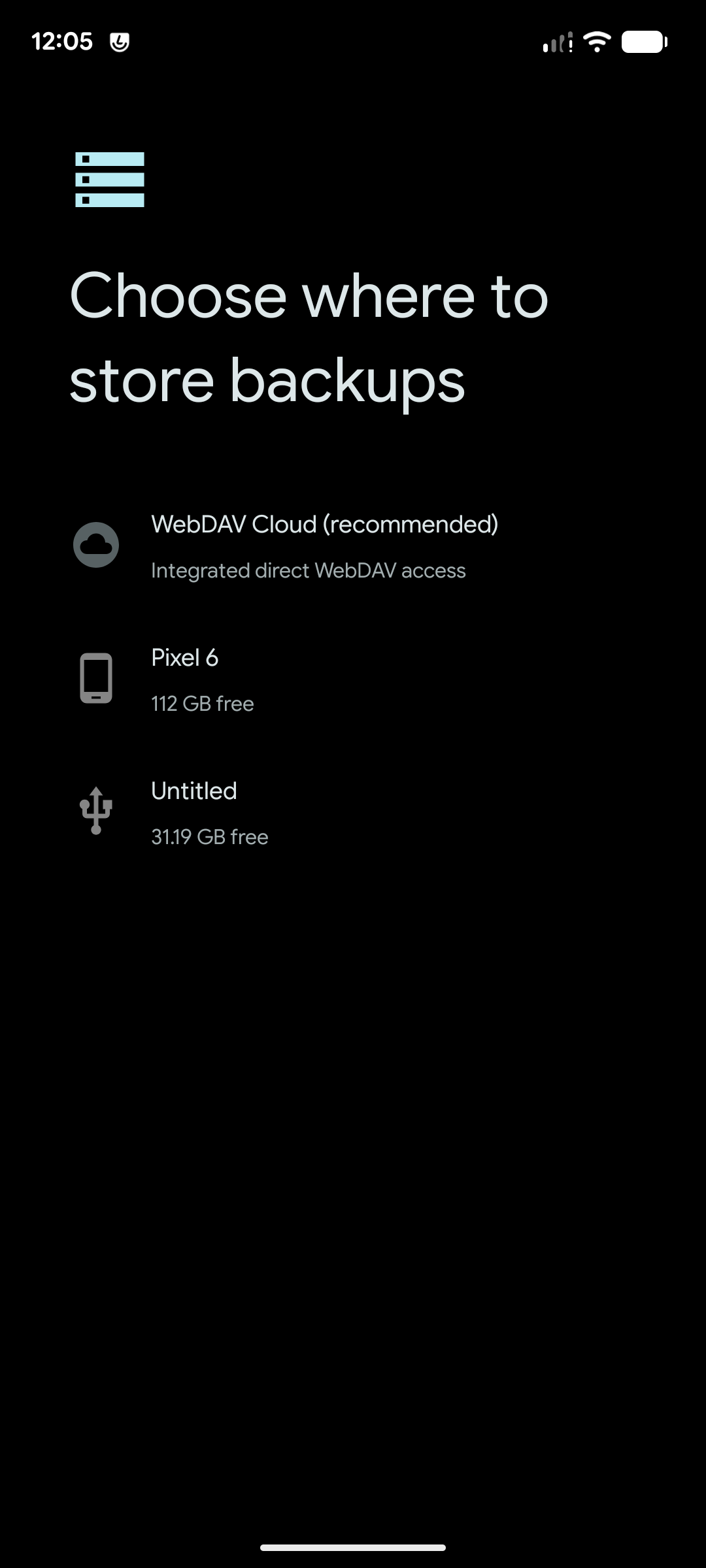 LineageOS 24 Seedvault backup destination screen