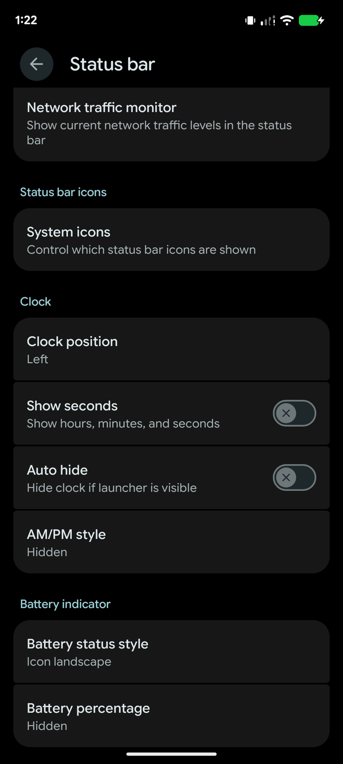 LineageOS 24 Status bar settings