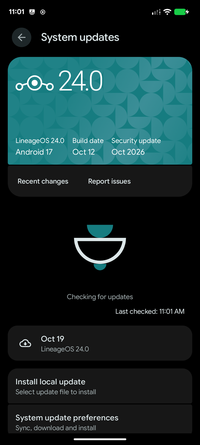 LineageOS 24 System Update screen