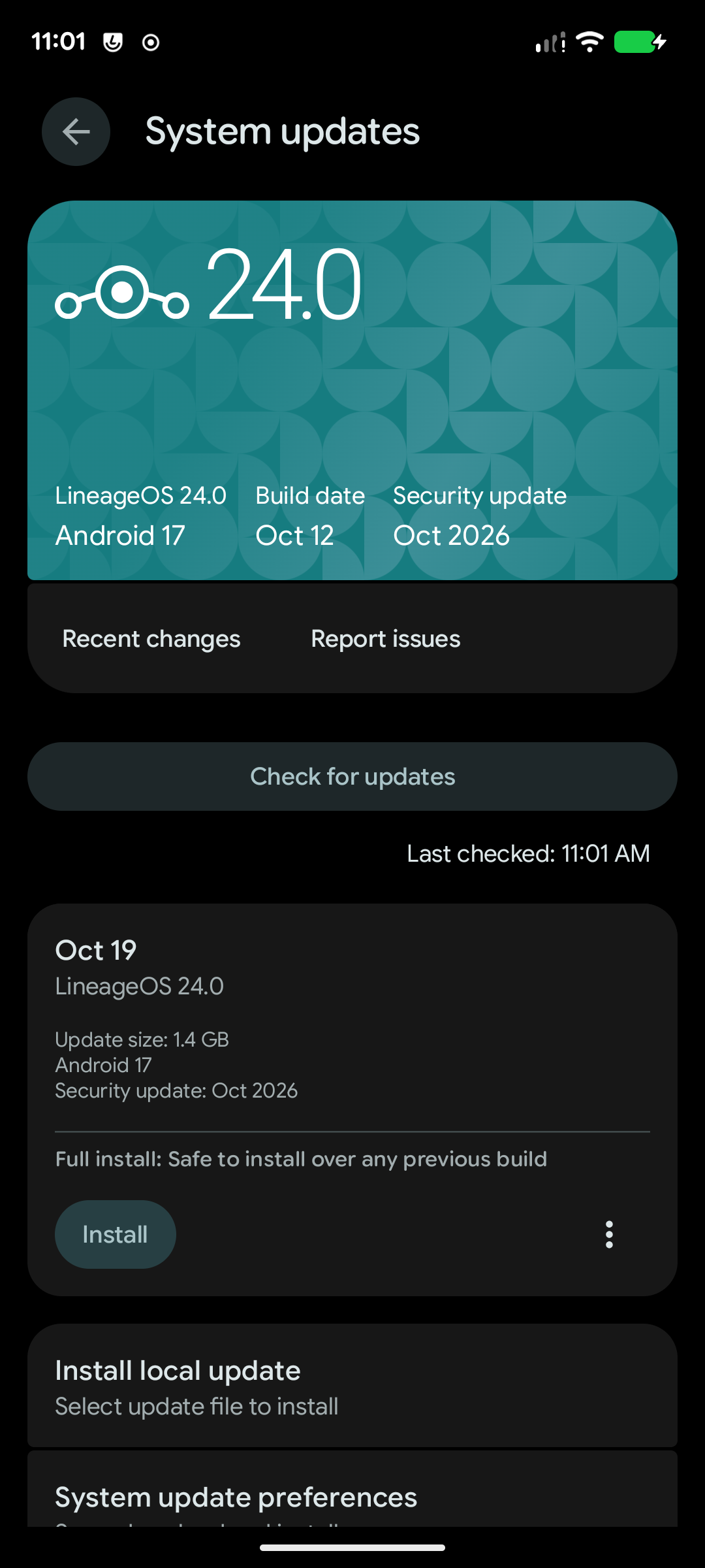 LineageOS 24 System Update screen