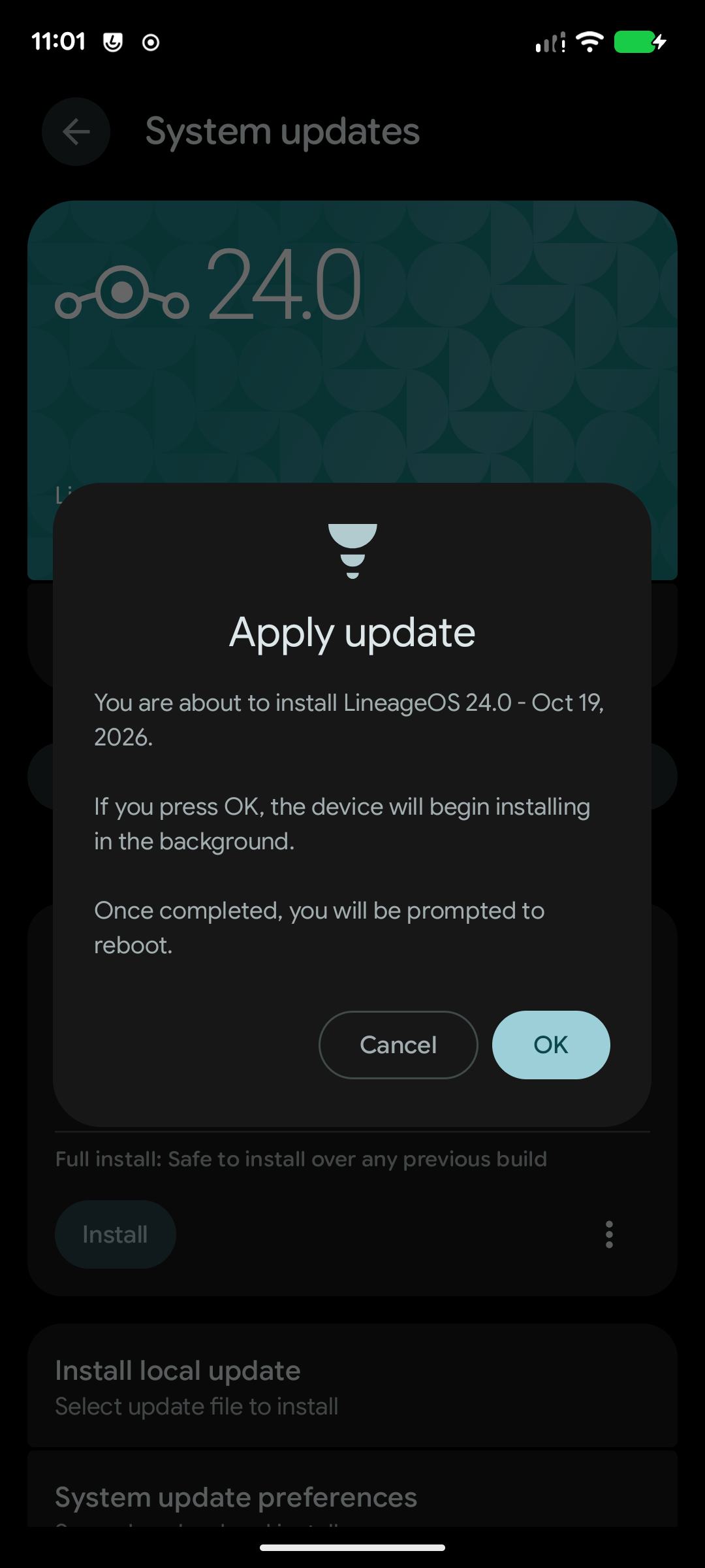 LineageOS 24 System Update screen