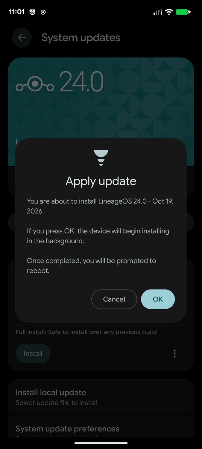 LineageOS 24 System Update screen