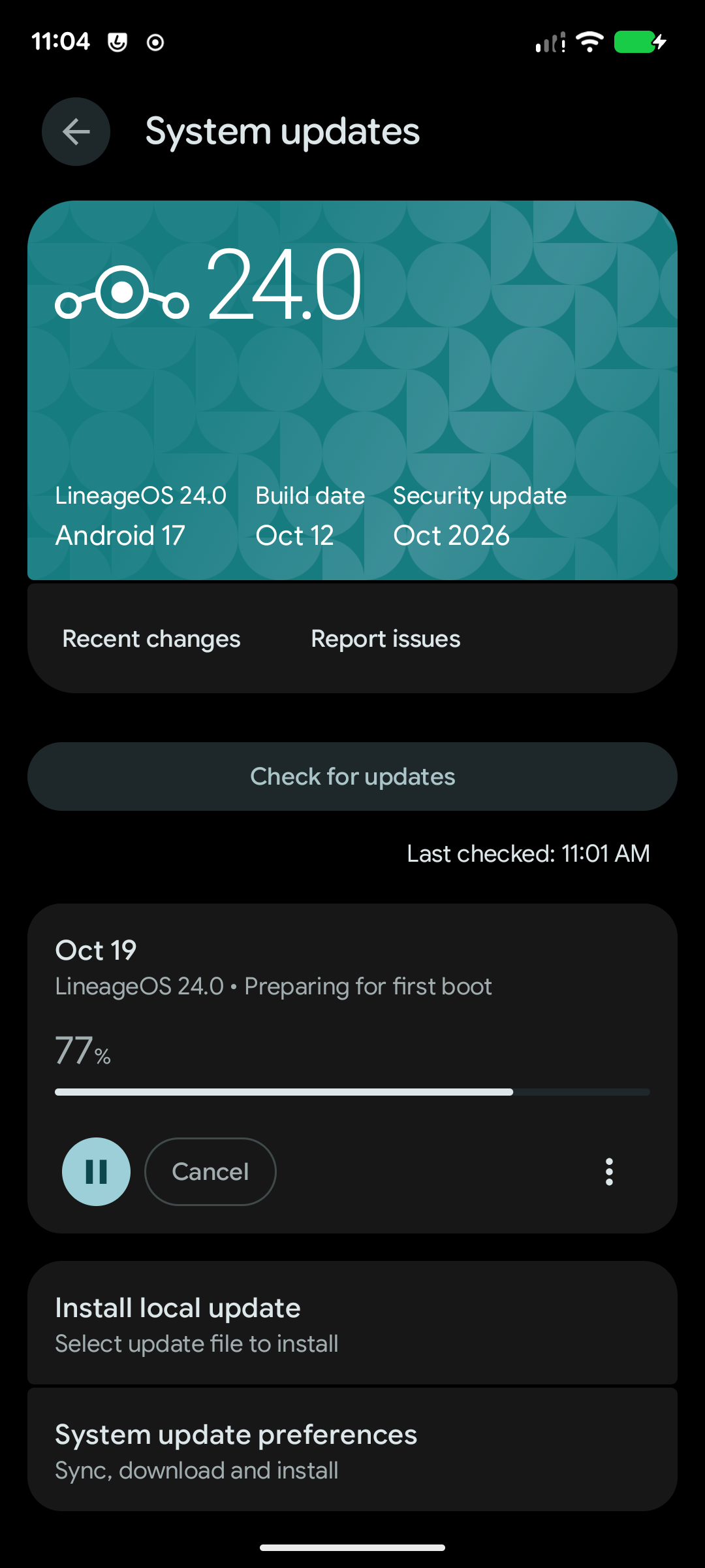 LineageOS 24 System Update screen