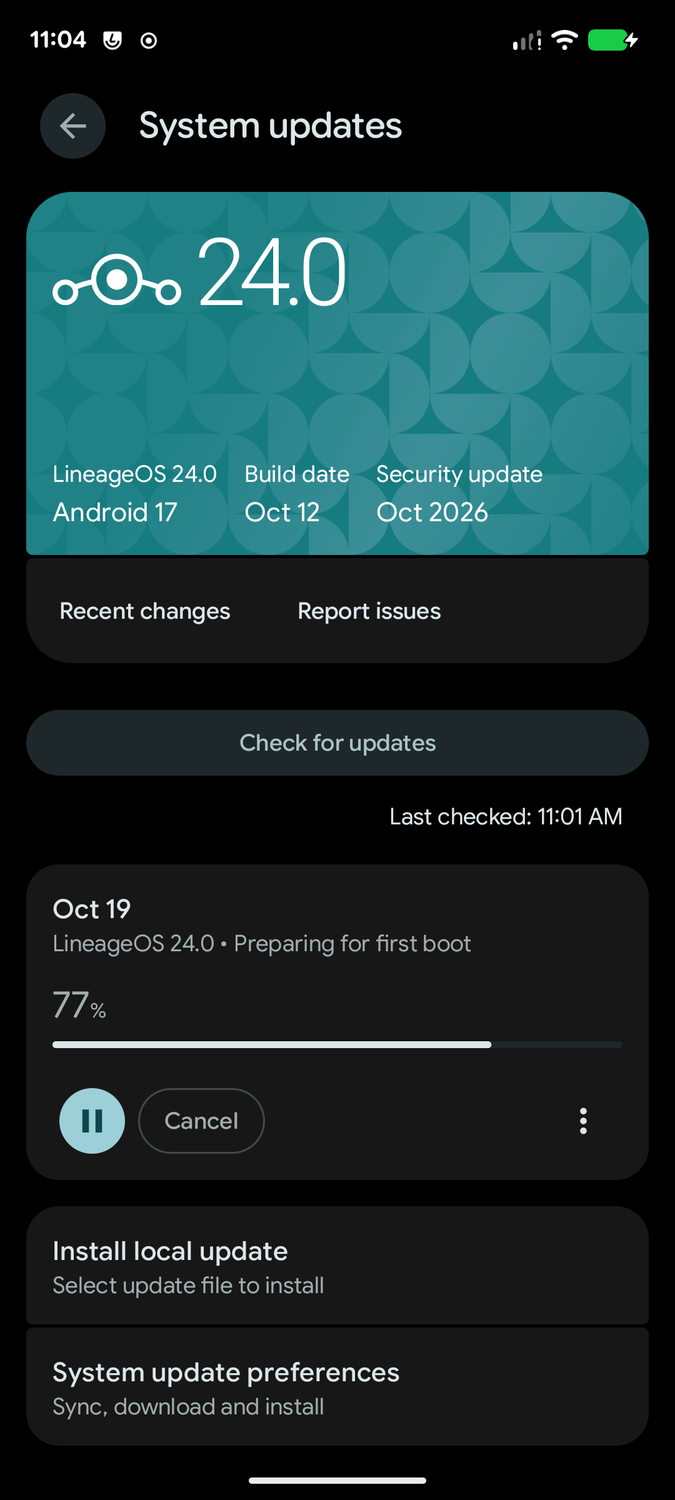 LineageOS 24 System Update screen