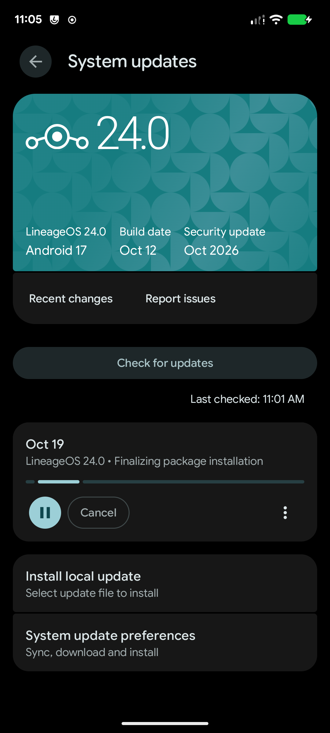 LineageOS 24 System Update screen