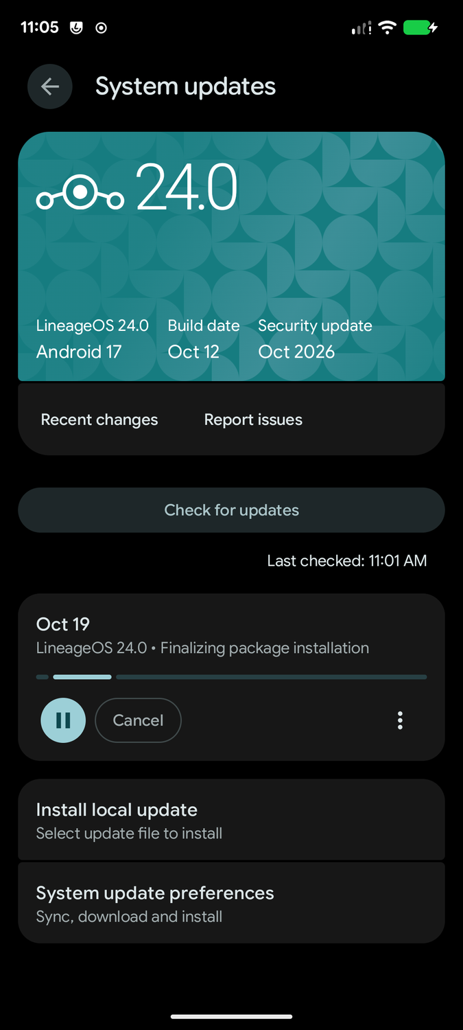 LineageOS 24 System Update screen