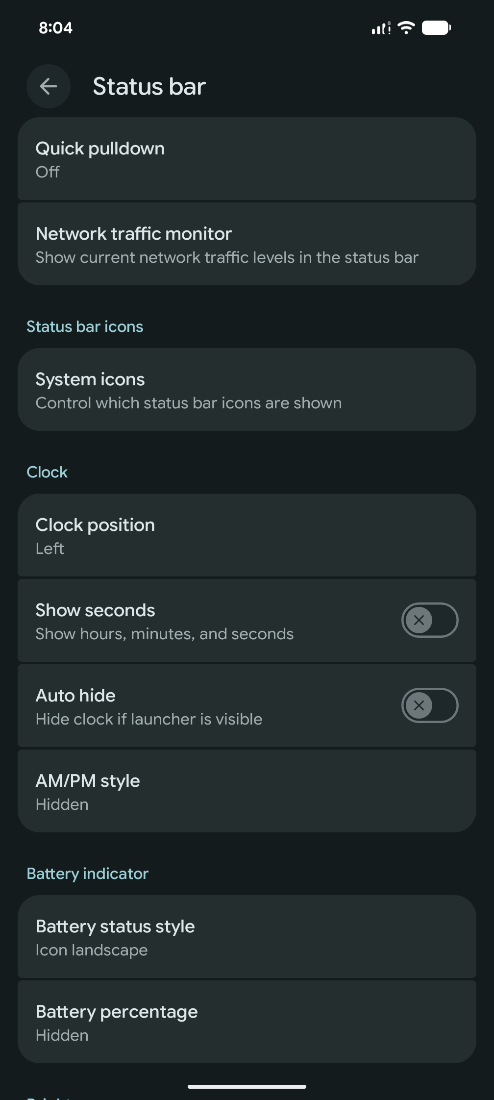 Status bar customization in LineageOS 26