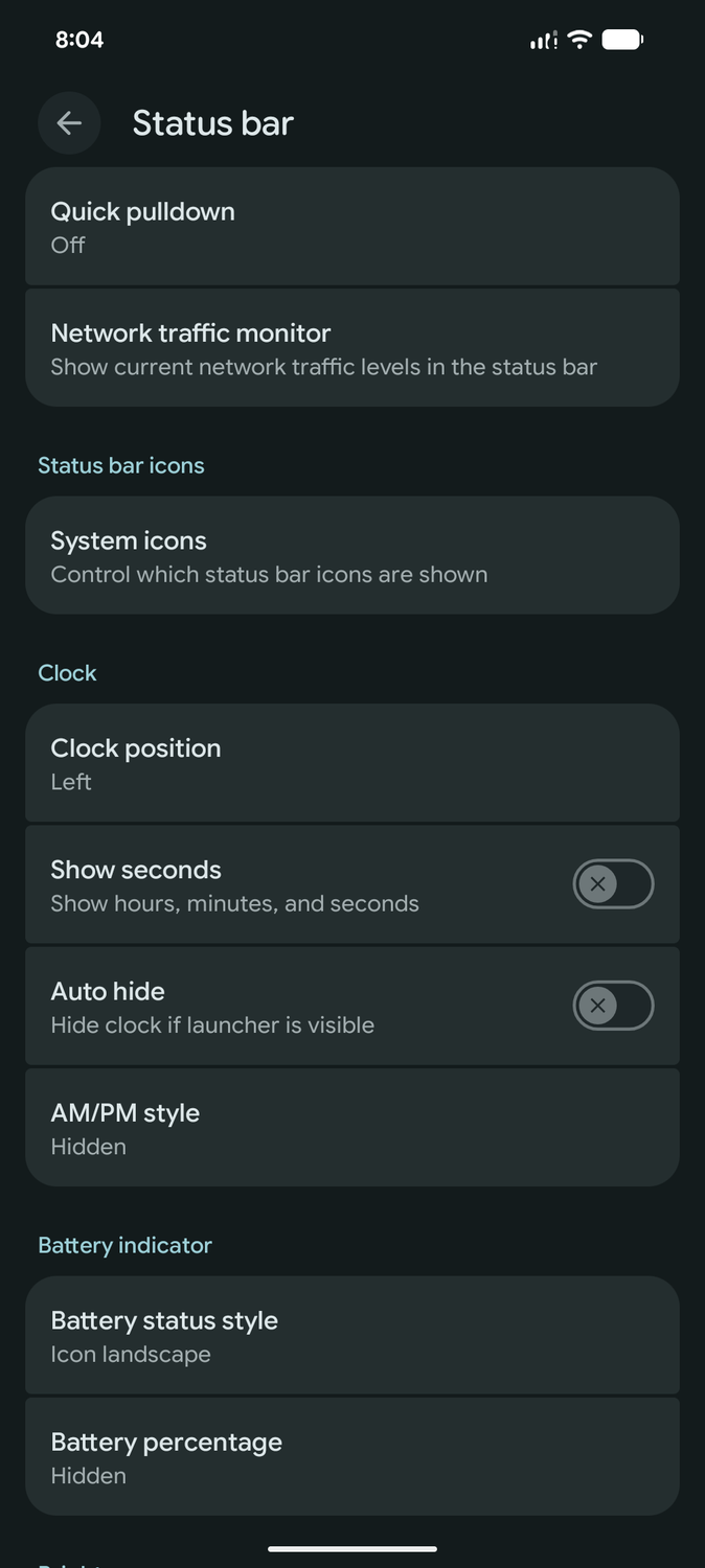 Status bar customization in LineageOS 26
