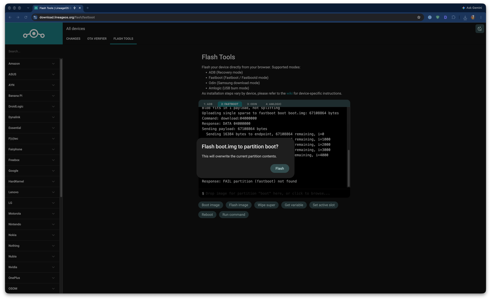Flashing a partition using the LineageOS web flash tool