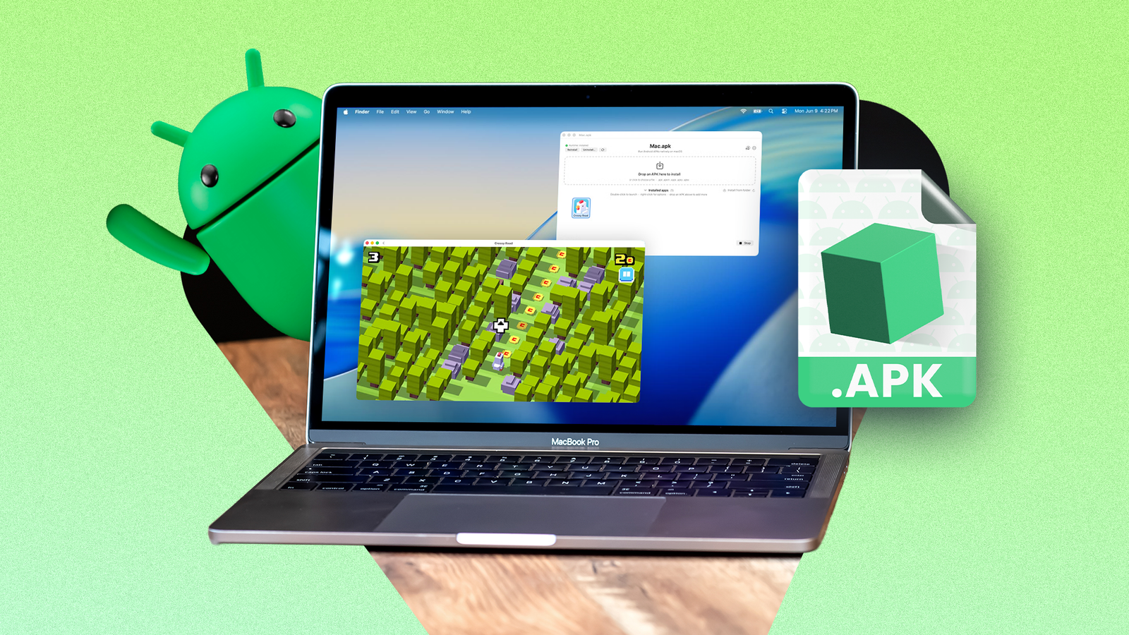 MacBook Pro running Crossy Road through Mac.apk, with an Android mascot and APK file icon in the background