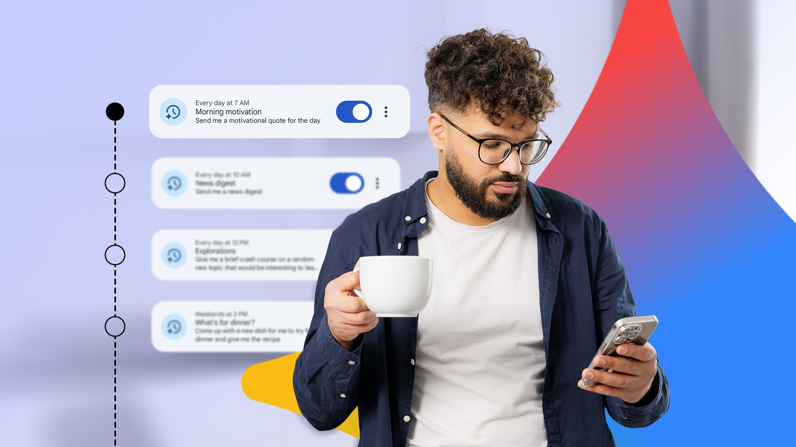 Man checking his smartphone, with Gemini scheduled actions and a timeline in the background.