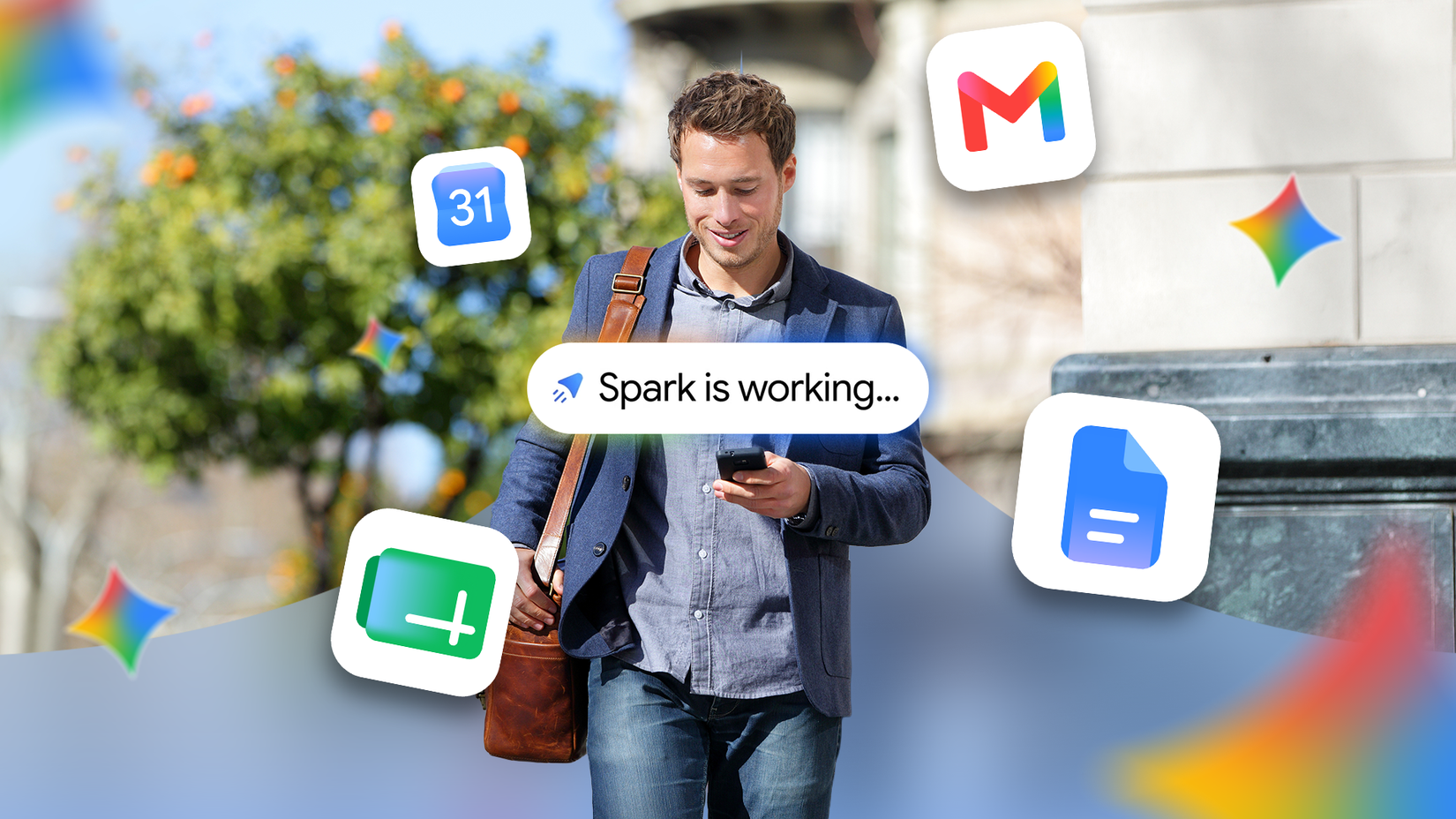 Un uomo va al lavoro mentre Gemini Spark automatizza le app Google.