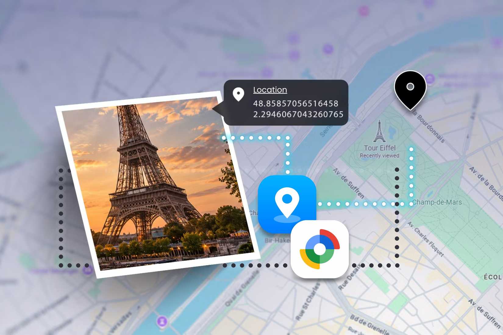 Samsung Find and Google Find Hub app icons on a map of Paris, connected by dotted lines to a photo of the Eiffel Tower and its location coordinates