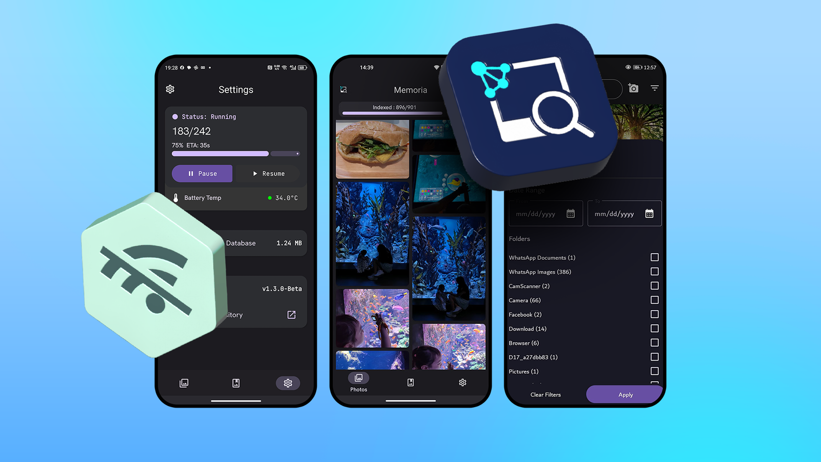 Memoria photo gallery with an offline icon on a blue background.