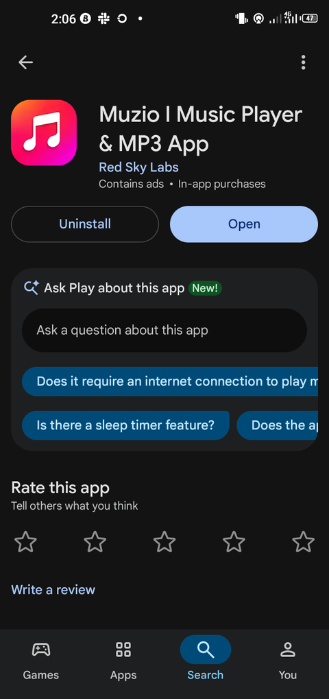 Muzio Player Play Store listing