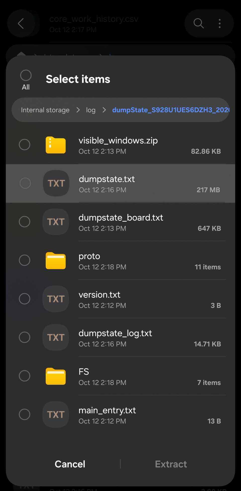 Samsung My Files log folder showing all files and folders inside the 'dumpState_' zip file with dumpstate.txt highlighted.