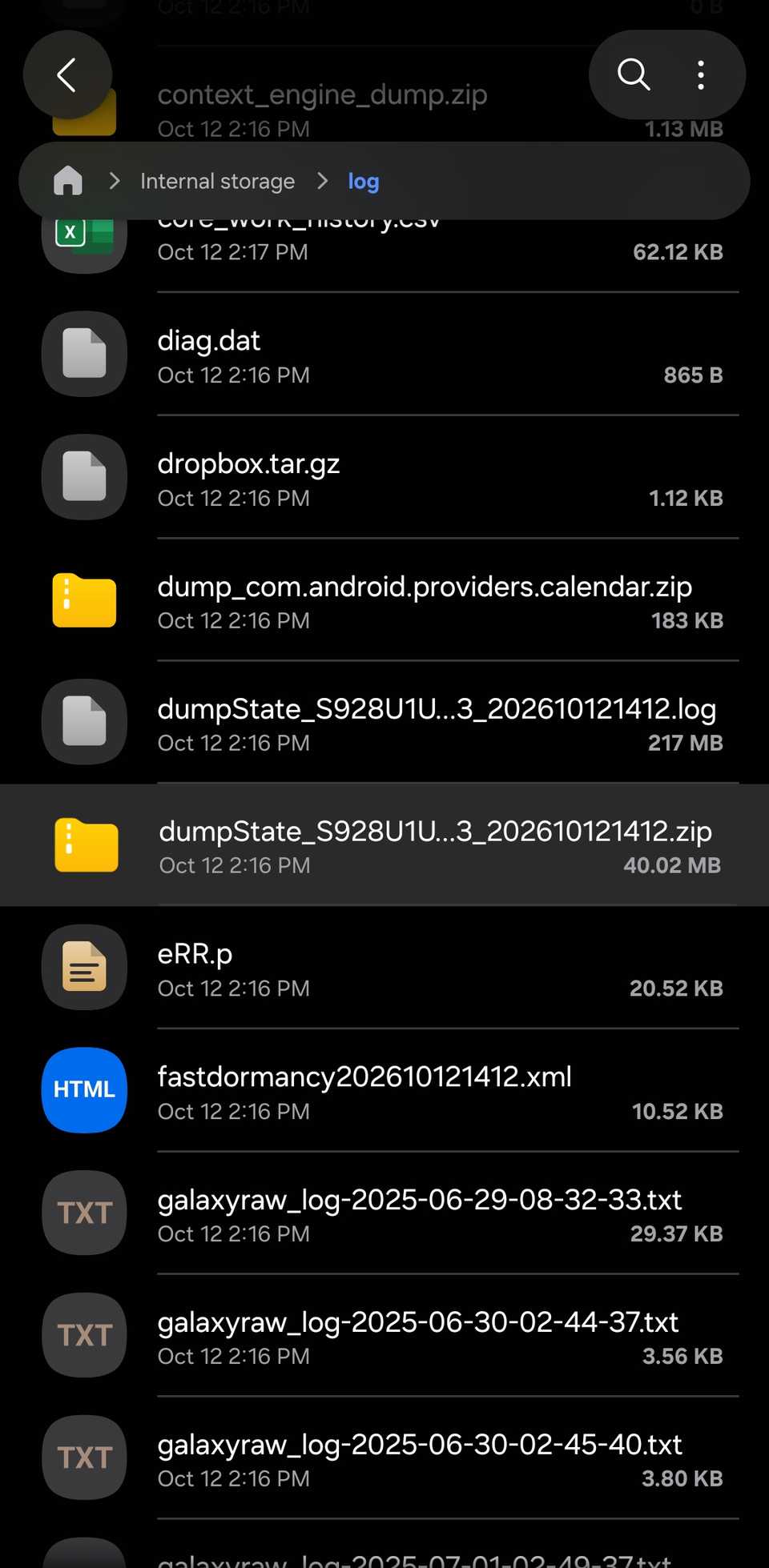 Samsung My Files log folder with the 'dumpState_' zip file highlighted.