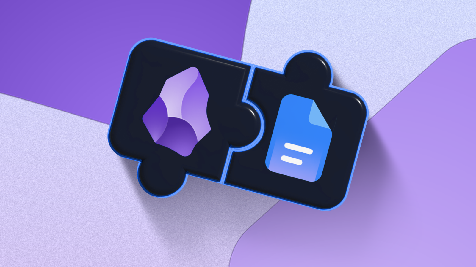 Obsidian and Google Docs logos on two interlocking 3D puzzle pieces against a purple background.