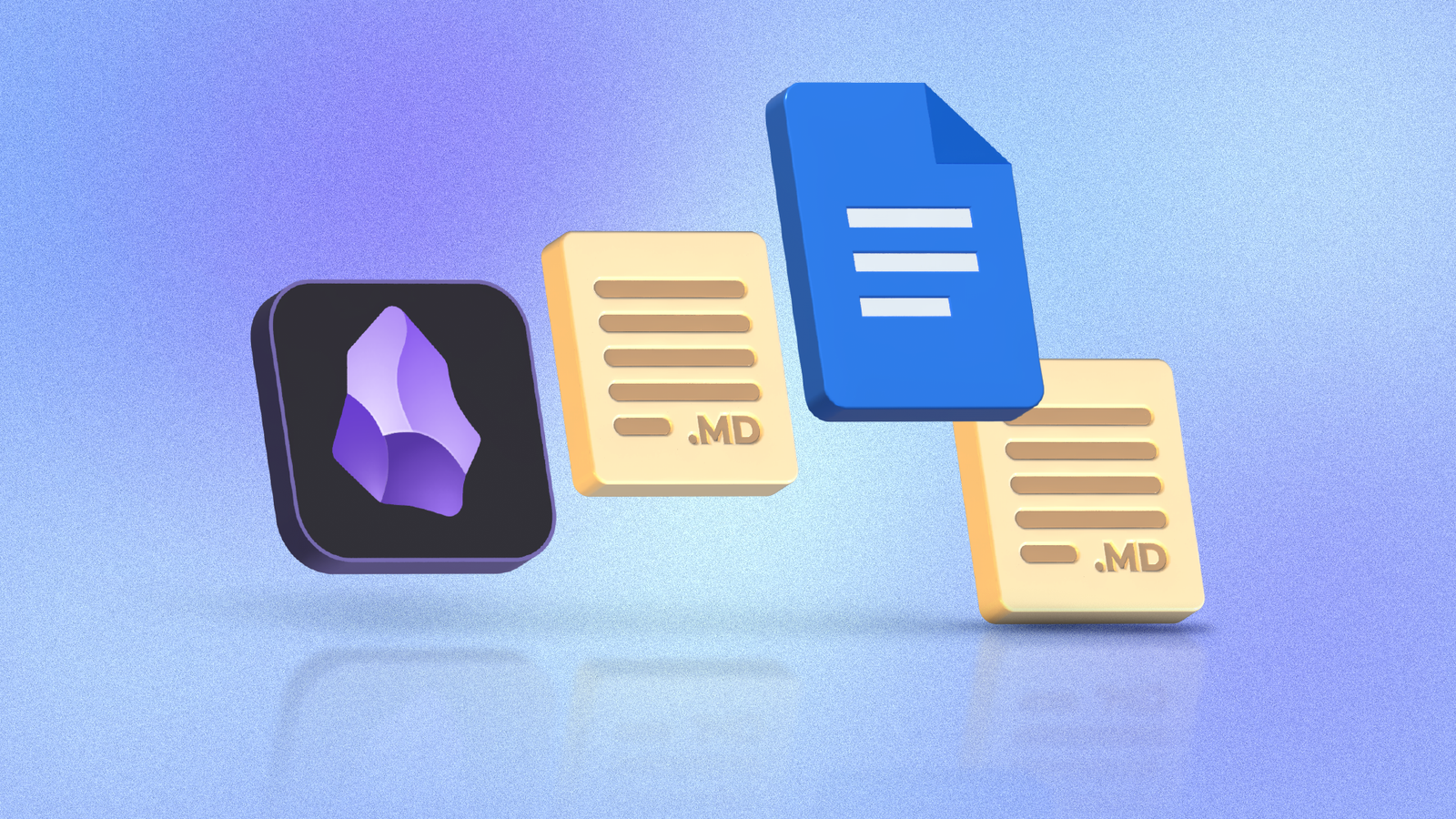 Obsidian and Google Docs logos surrounded by Markdown (.md) files on a blue background.