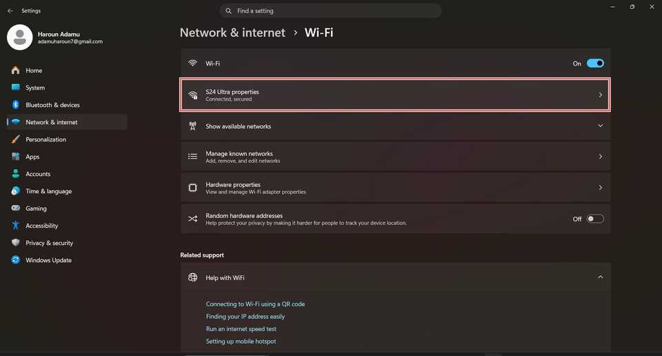 Windows network settings with 'S Ultra properties' highlighted.