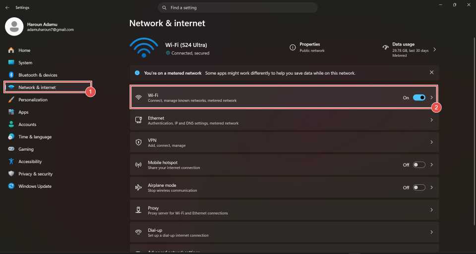 Windows network settings with 'Network & internet' and 'Wi-Fi' highlighted.