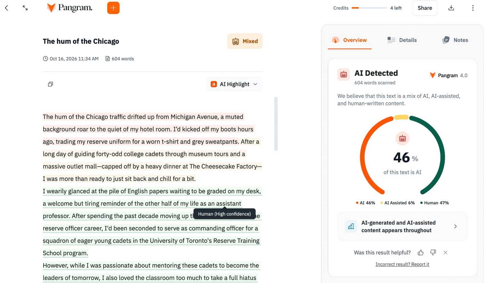 A narrative being identified by Pangram as a mixture of human and AI-generated and AI-assisted content.