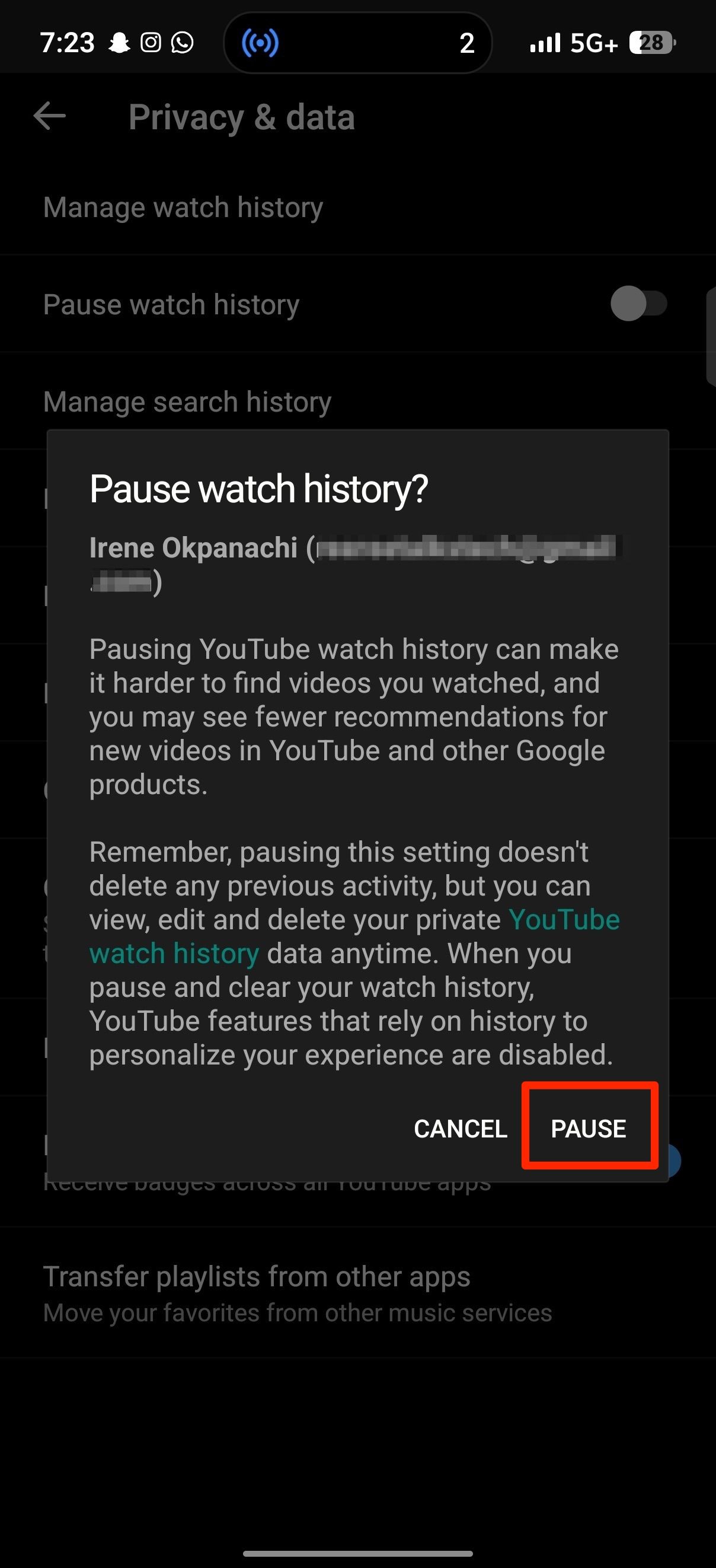 Red rectangle highlights Pause button on confirmation dialog for YouTube Music Pause watch history