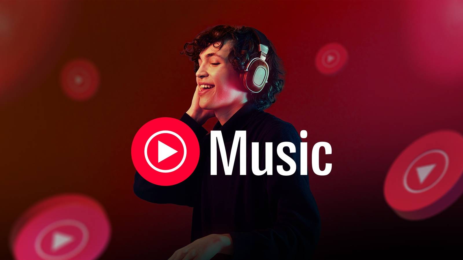 Smiling person wearing headphones against red background surround by YouTube Music logos