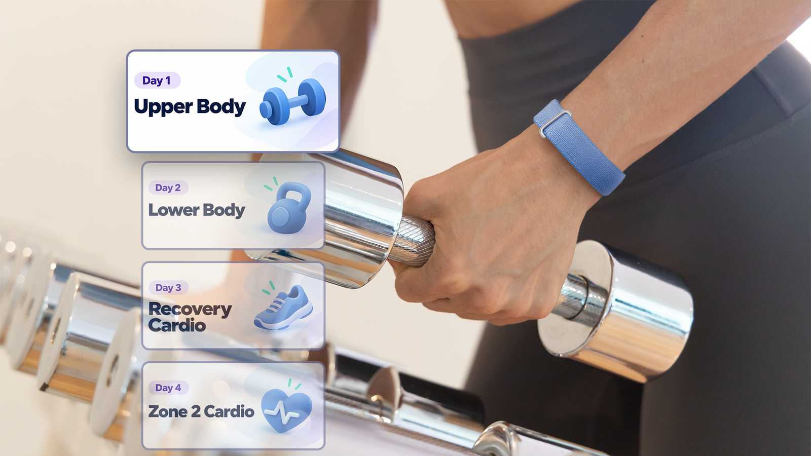 Person holding a dumbbell while wearing a Fitbit Air, with floating workout plan cards showing different training days.