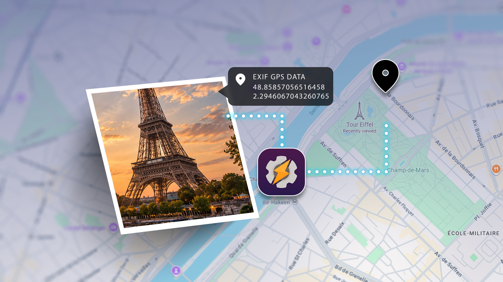 Photo of the Eiffel Tower with EXIF GPS data linked to a map location through Tasker.