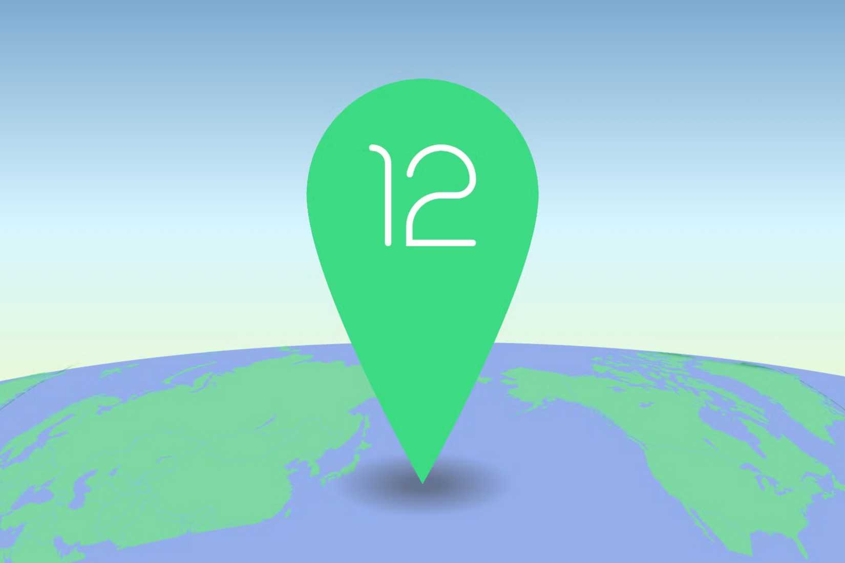 Green location pin with the Android 12 logo standing on a stylized globe against a blue sky