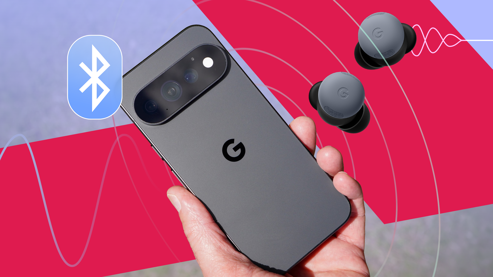 Pixel phone and wireless earbuds connected through Bluetooth.