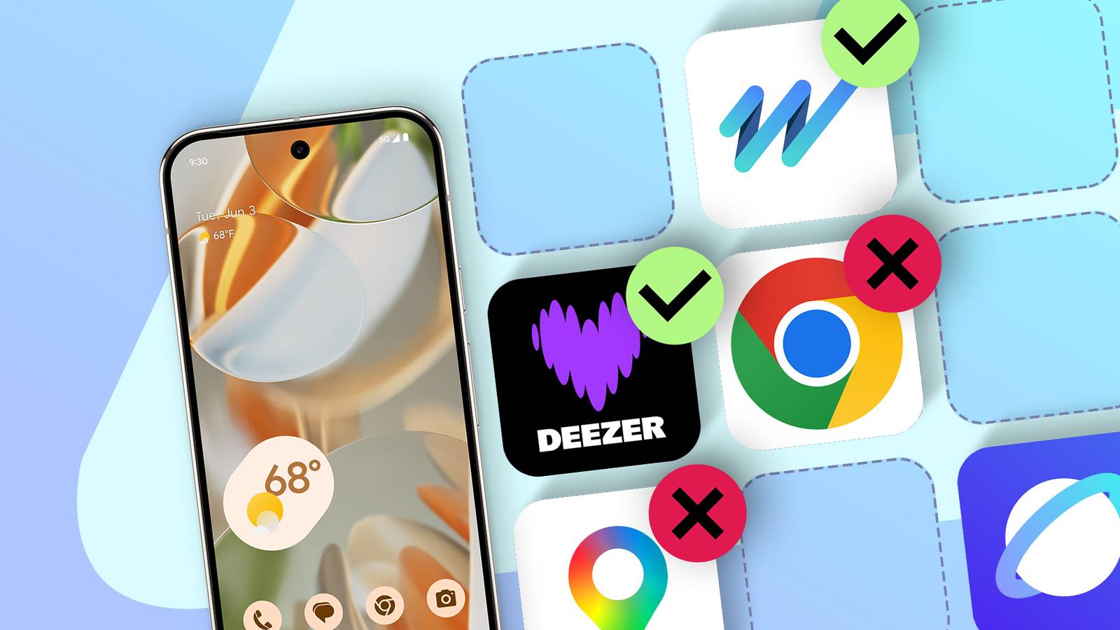 Pixel phone surrounded by Google apps being replaced by third-party alternatives.