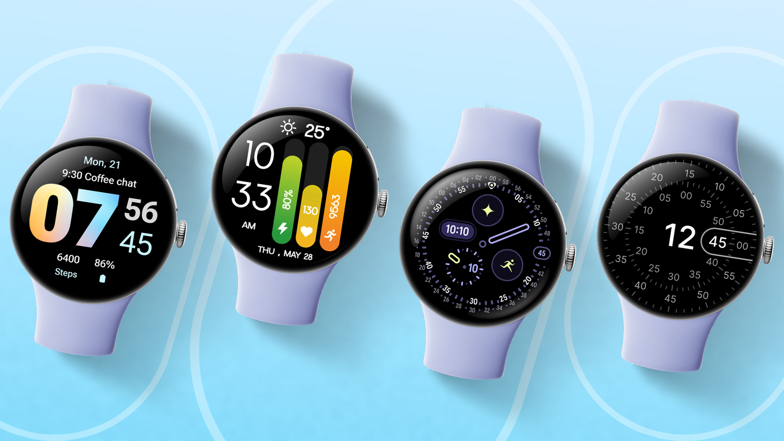 Pixel Watch 4 shown with several different watch faces.