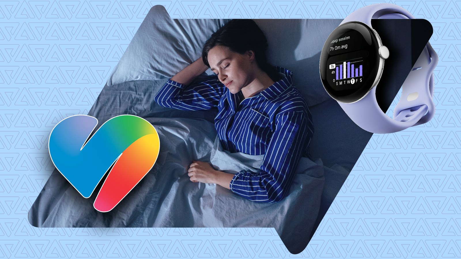 Woman sleeping beside a Pixel Watch and Google Health logo.