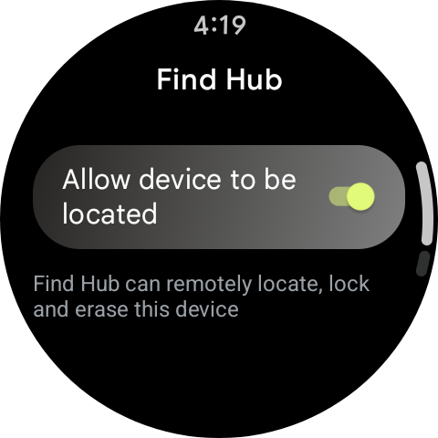 Pixel Watch screenshot of the Find Hub device administration menu in security settings