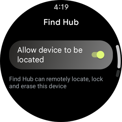 Pixel Watch screenshot of the Find Hub device administration menu in security settings