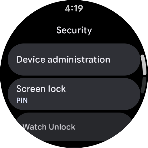 Pixel Watch screenshot of the security settings menu