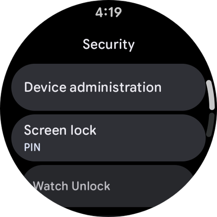 Pixel Watch screenshot of the security settings menu