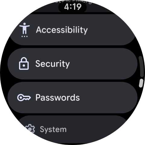 Pixel Watch screenshot of the settings menu