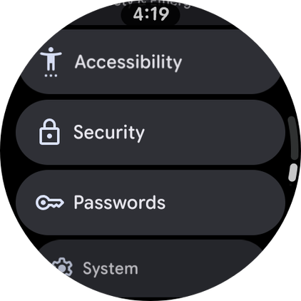 Pixel Watch screenshot of the settings menu