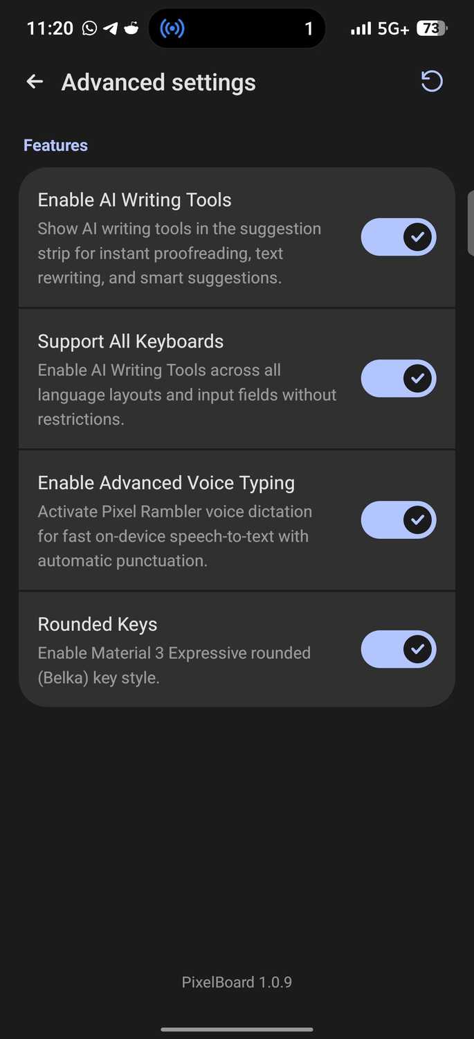 PixelBoard Advanced settings menu showing toggles for AI writing tools