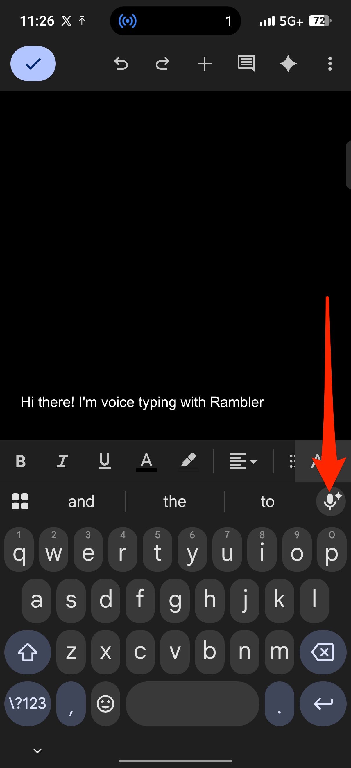 Red arrow pointing to Rambler voice typing microphone icon on PixelBoard suggestion strip