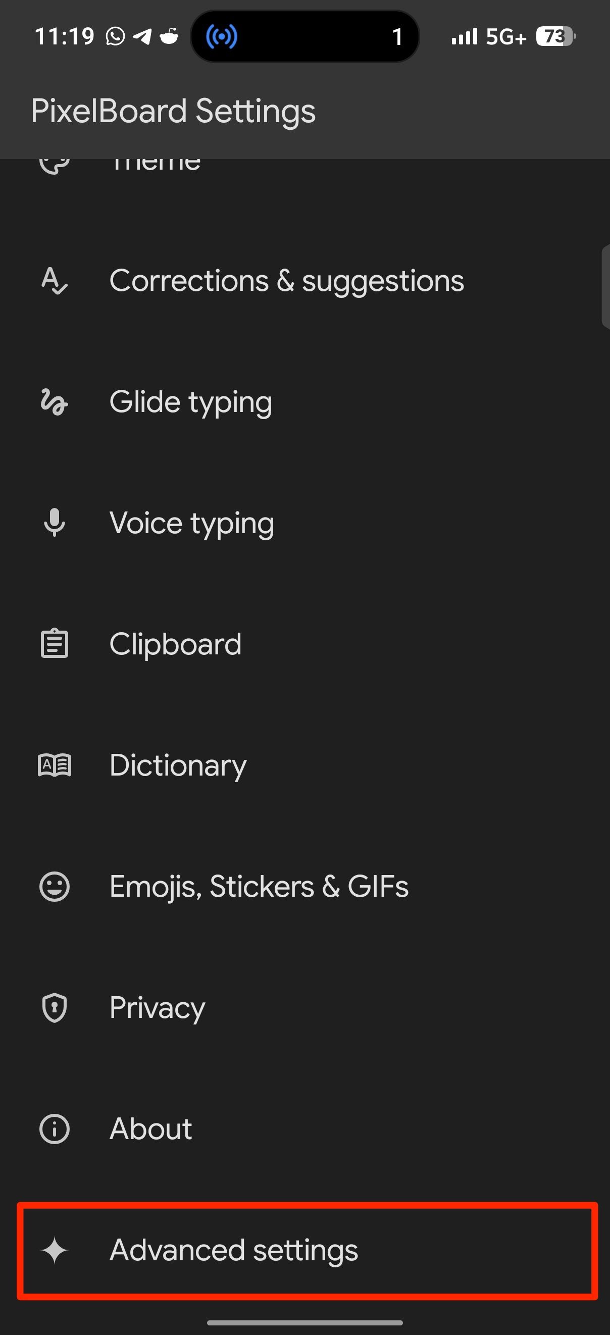 Red rectangle highlighting Advanced settings option in PixelBoard Settings menu